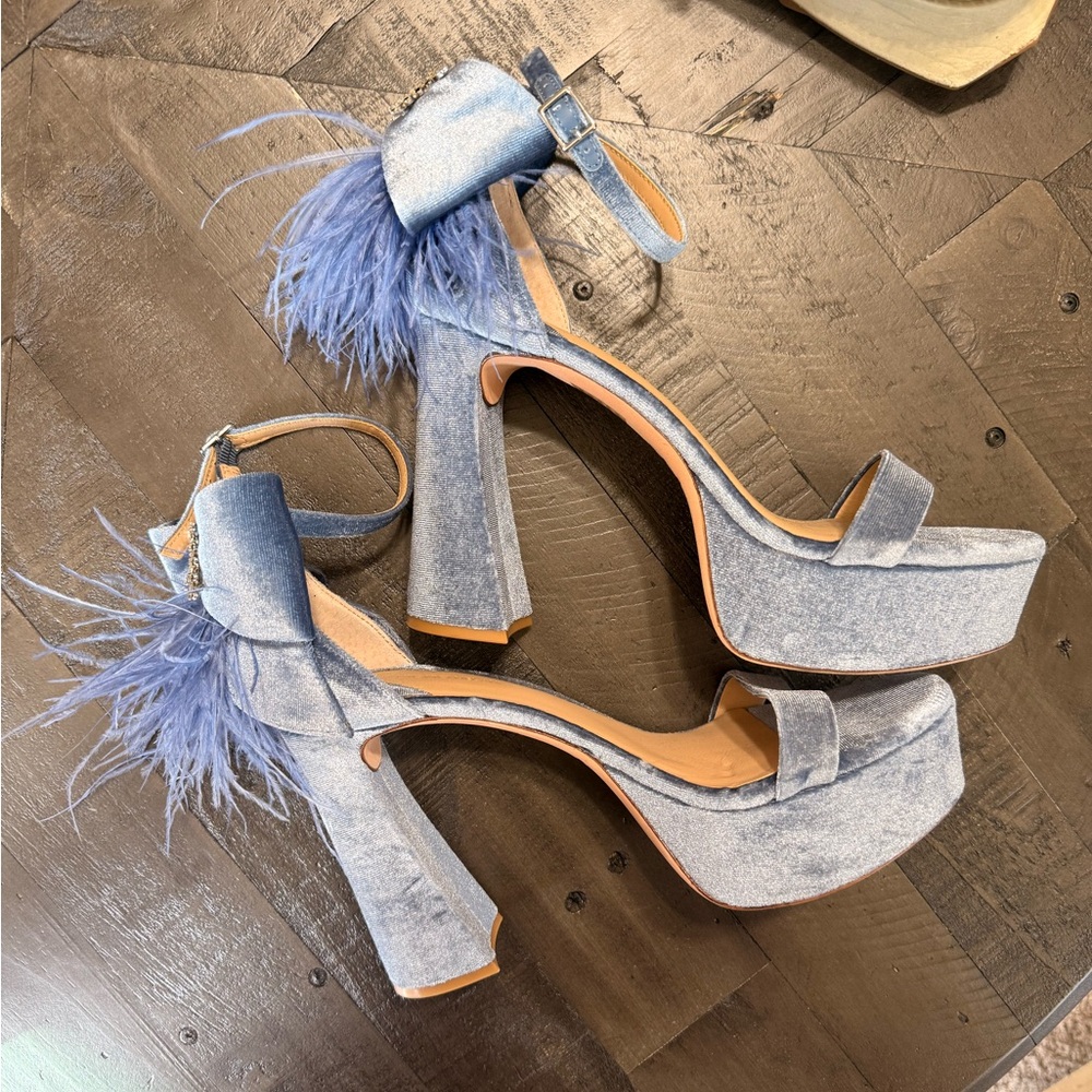 Blue Velvet Platform Ankle-Strap Heels with Feather Detail - Picture 3 of 5